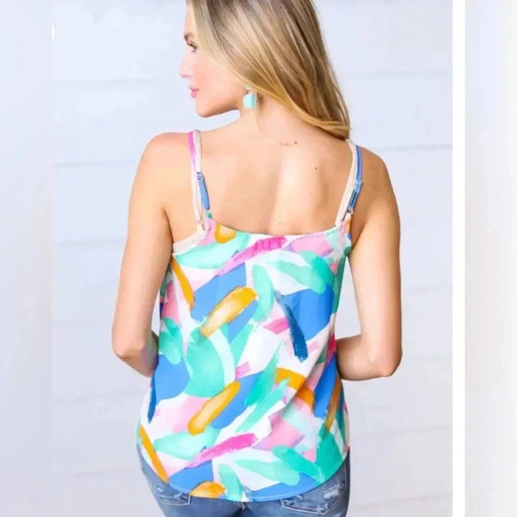 Multicolor Paint Brush Detail Sleeveless Top Cami Blouse Size Small Coastal Chic - Picture 2 of 10